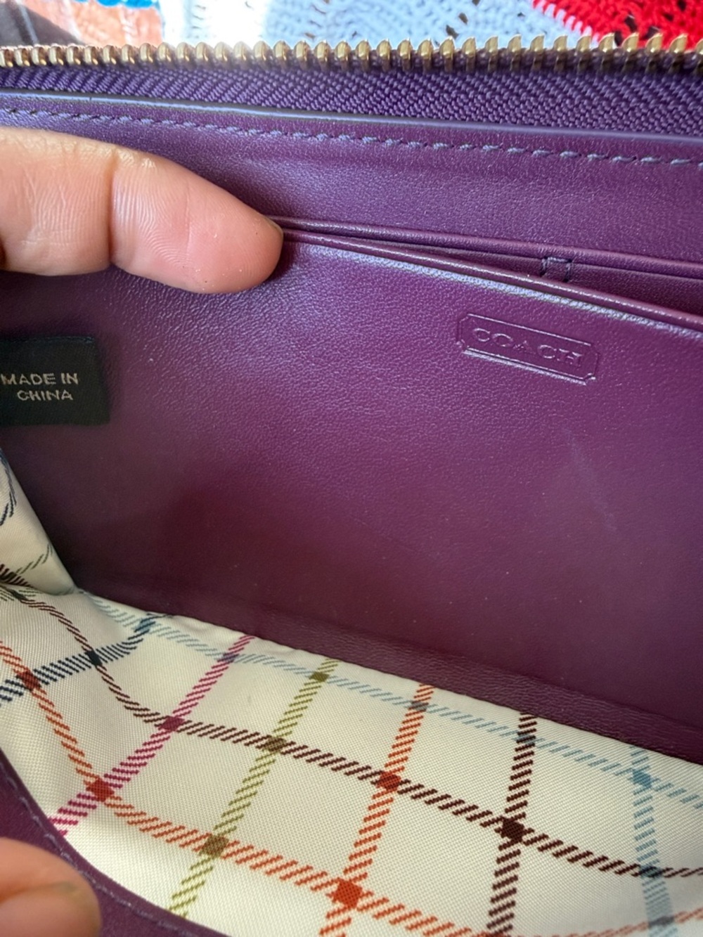 Coach Brown Signature Canvas Zip Wallet with Purple Trim - Picture 9 of 14